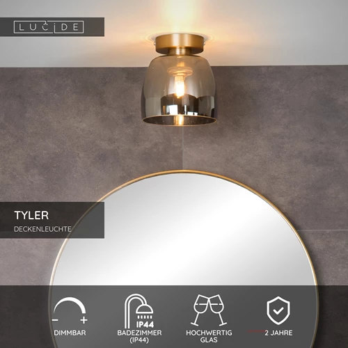 Lucide TYLER - Deckenleuchte Badezimmer - Ø 16,1 cm - 1xG9 - IP44 - Mattes Gold / Messing - USP